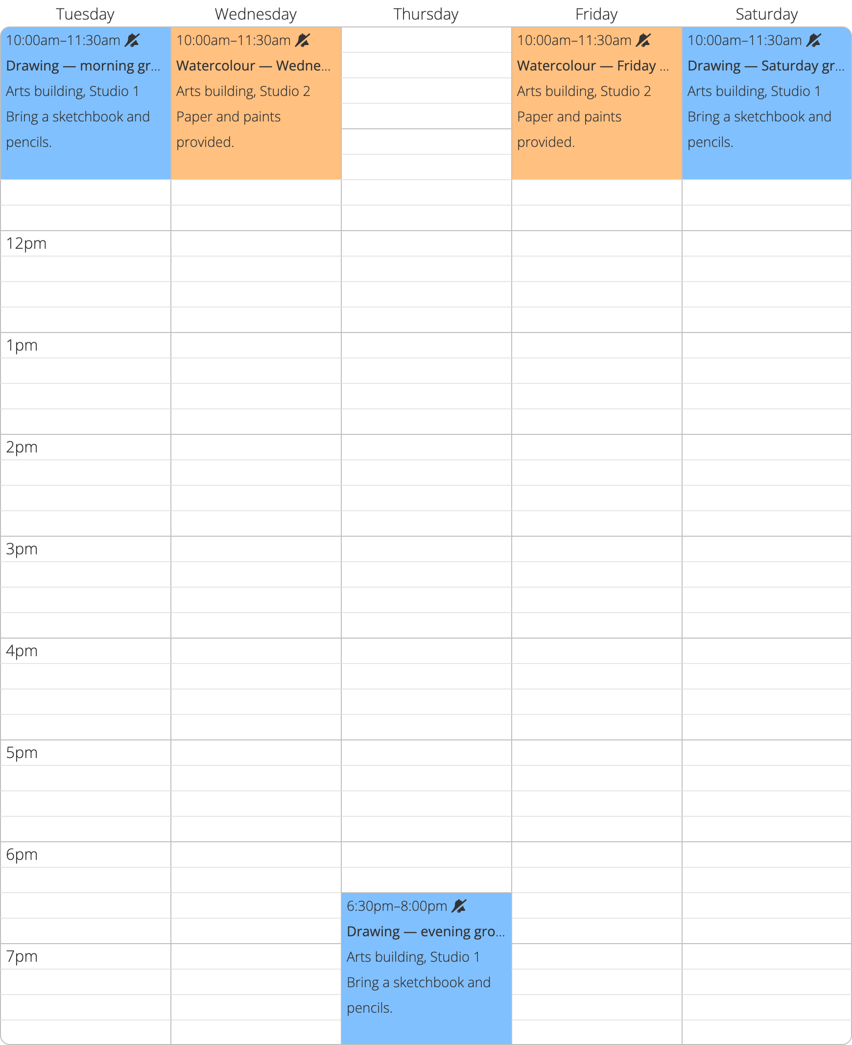 Sample art-class timetable with drawing and watercolour sessions on weekdays and Saturday morning.