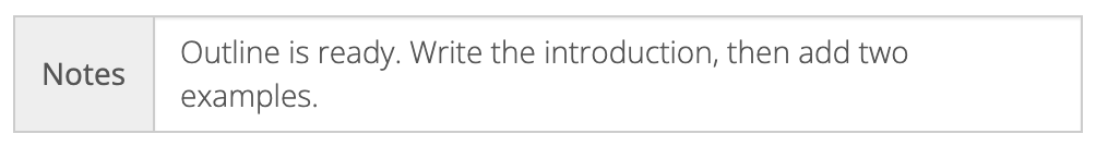 Notes field with a reminder to write the introduction and add two examples after completing an outline.