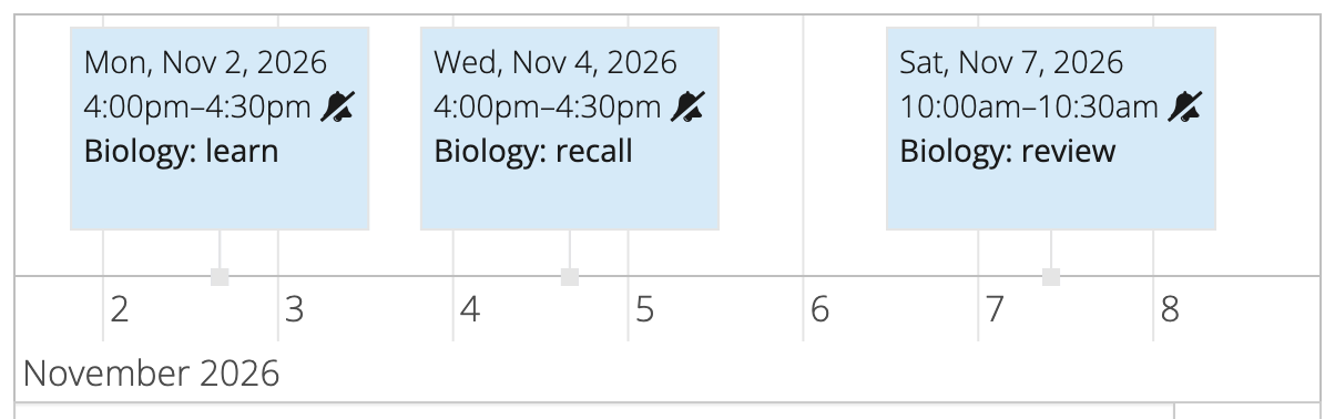 Biology learning, recall and review sessions on Monday, Wednesday and Saturday in the dated timeline.